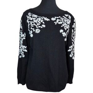 Rain And Rose Black Angora Blend Sweater with White Floral Design Size L